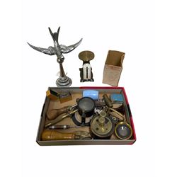 Art Deco design Austin Swallow chrome plated car mascot on stepped plinth, H19cm, set of Criterion tin plate and brass letter scales with original box, travel inkwell, desk seal, advertising brass bobbin case with thimble cover 'Use Hudson's Soap' and miscellanea in one box