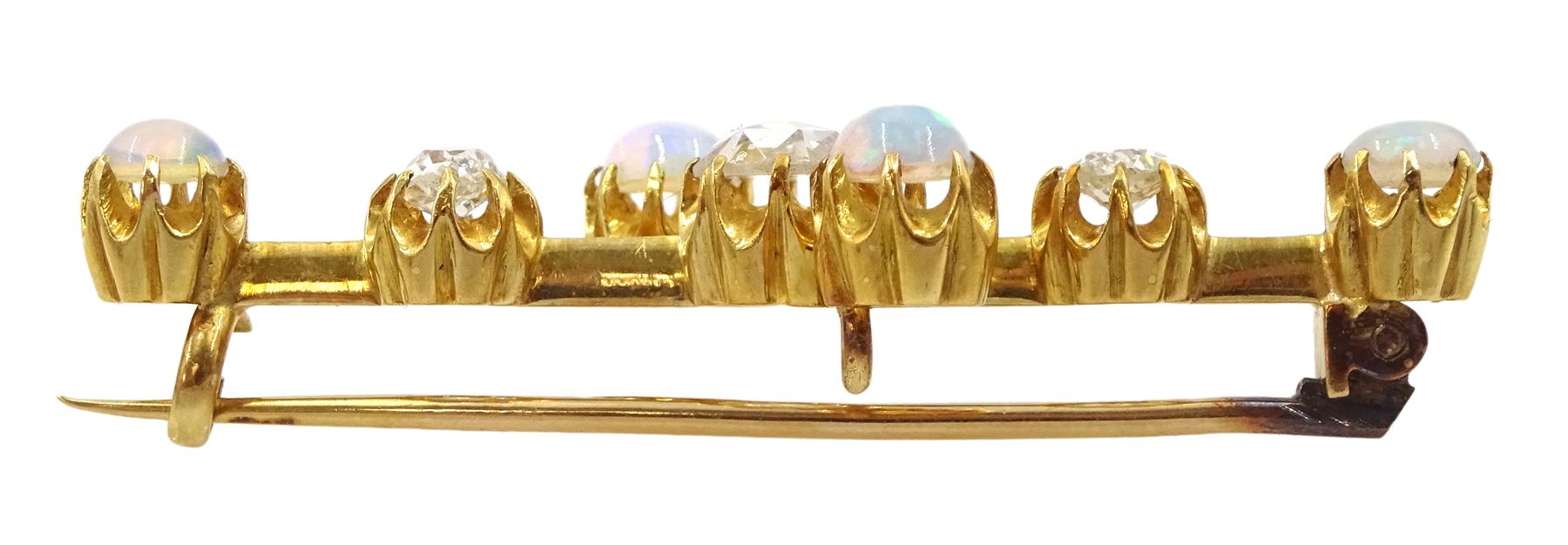 Early 20th century 15ct gold opal and diamond brooch, the central rose cut diamond, with old cut diamonds set either side, total diamond weight approx 0.60 carat