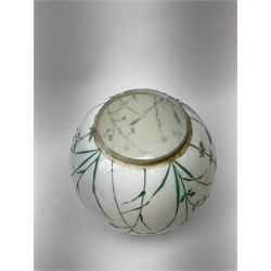 A Victorian oil lamp, with opaque glass reservoir hand painted with flowers beneath a Hinks burner and supporting a globular floral painted opaque glass shade and glass chimney, H47.5cm. 