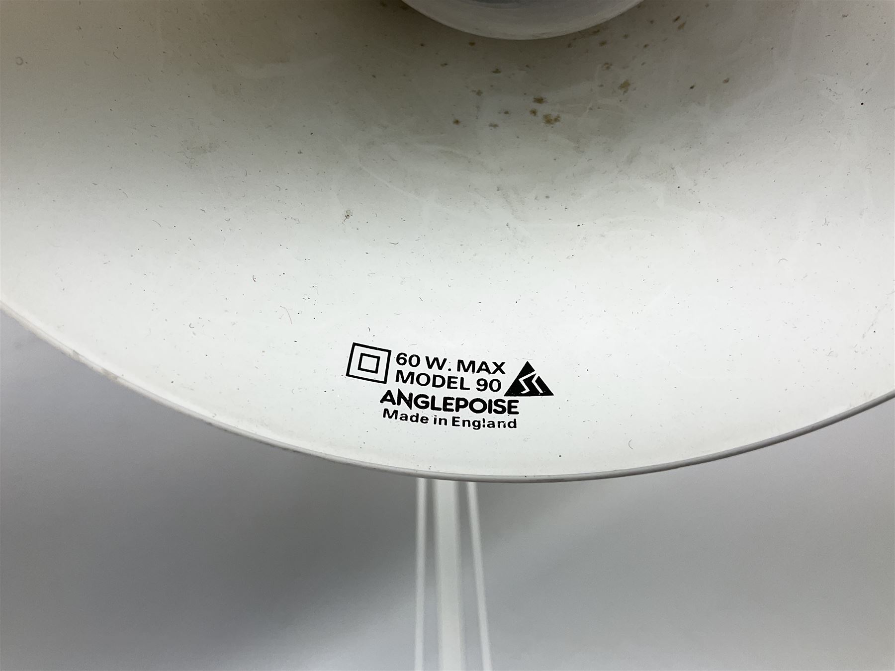 Anglepoise lamp, model number 90 in white with angled beam and weighted base, stamped Anglepoise