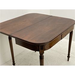 19th century mahogany tea table, D shaped fold-over top, the frieze with raised panel and boxwood inlays, each turned support with recessed rectangular panel top, double hinged gate-leg action