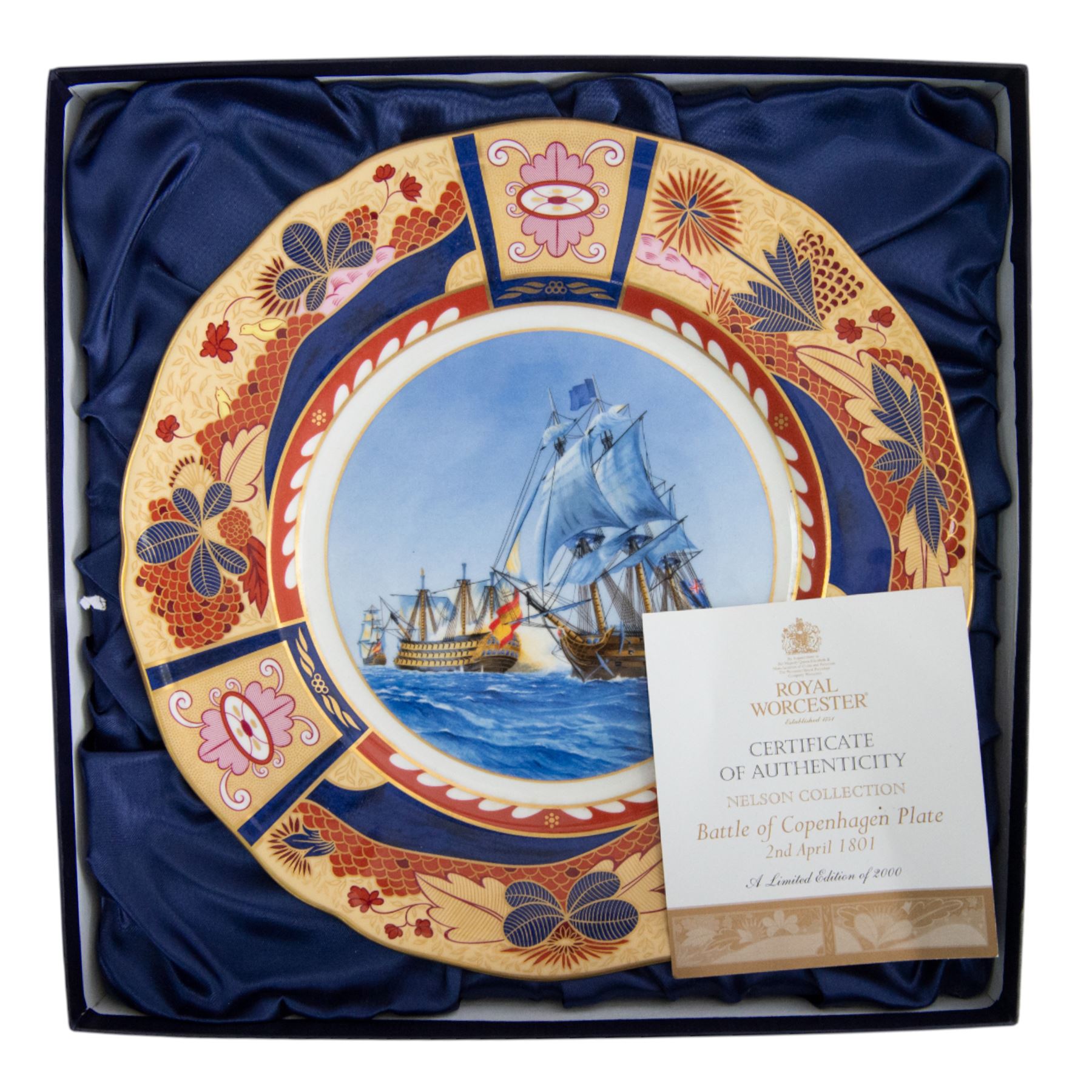Royal Worcester seven Nelson collection plates, limited edition, comprising two Battle of Cape St Vincent, two Battle of Trafalgar, two Battle of Copenhagen and Battle of the Nile, all with certificates and original boxes 
