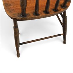 Set of three 19th century ash and elm spindle back Windsor armchairs, arched top rails above fan-shaped spindle backs, curved arms with turned supports, shaped saddle seats, on turned legs joined by H-stretchers