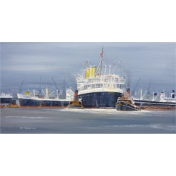  'Shipping in London Docks', oil on board signed and dated 2000 by Bill Wedgwood, titled verso 32cm x 60cm  