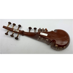 Indian sarangi multi-stringed instrument, the hardwood base with decorative bone inlay and mounts and metal covered fingerboard, L59cm