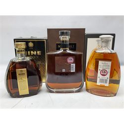 Hennessy, fine de cognac, 70cl, 40% vol, Monnet, Xo prestige cognac, 70cl, 40% proof and Hine Antique, Tres Vieille champagne cognac, 68cl, 40% vol, all with original boxes 