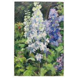 Catherine Tyler (British 1949-): 'Garden Delphiniums', oil on canvas signed and dated 2013, titled verso 76cm x 51cm (unframed)