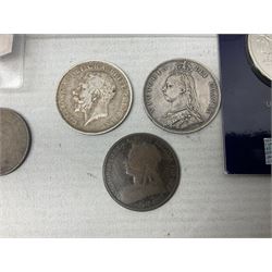 Coins and sets, including Great Britain and Northern Ireland 1970 proof coin collection in card folder, Queen Elizabeth II 2021 'Through the Looking Glass' five pounds, 2021 'Winnie the Pooh' fifty pence, Queen Victoria 1887 halfcrown, King George V 1914 halfcrown, commemorative coins, The Royal Mint Solomon Islands 2003 twenty-five dollars silver proof coin cased with certificate, 9ct gold half sovereign mount etc