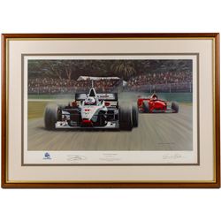 After Gerald Davison Coulson (British 1926-2012): ‘The Flying Scotsman’ and ‘Damon’s First – Hungary 1993’, together with Alan Fearnley (Yorkshire 1942-): ‘Alan Jones’ and Tony Smith (British 20th Century): ‘Damon’s Dream’, set of four limited edition Formula 1 themed prints signed and two signed by drivers David Coulthard and Alan Jones in pencil max 40cm x 61cm (4)