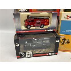 Corgi - eighteen modern die-cast models including racing cars, Land Rovers, Thornycroft Box Van, Ford Transit and Bedford Vans, Minis, Last Routemaster bus, two Trackside DIYCAST sets etc; all boxed (18)