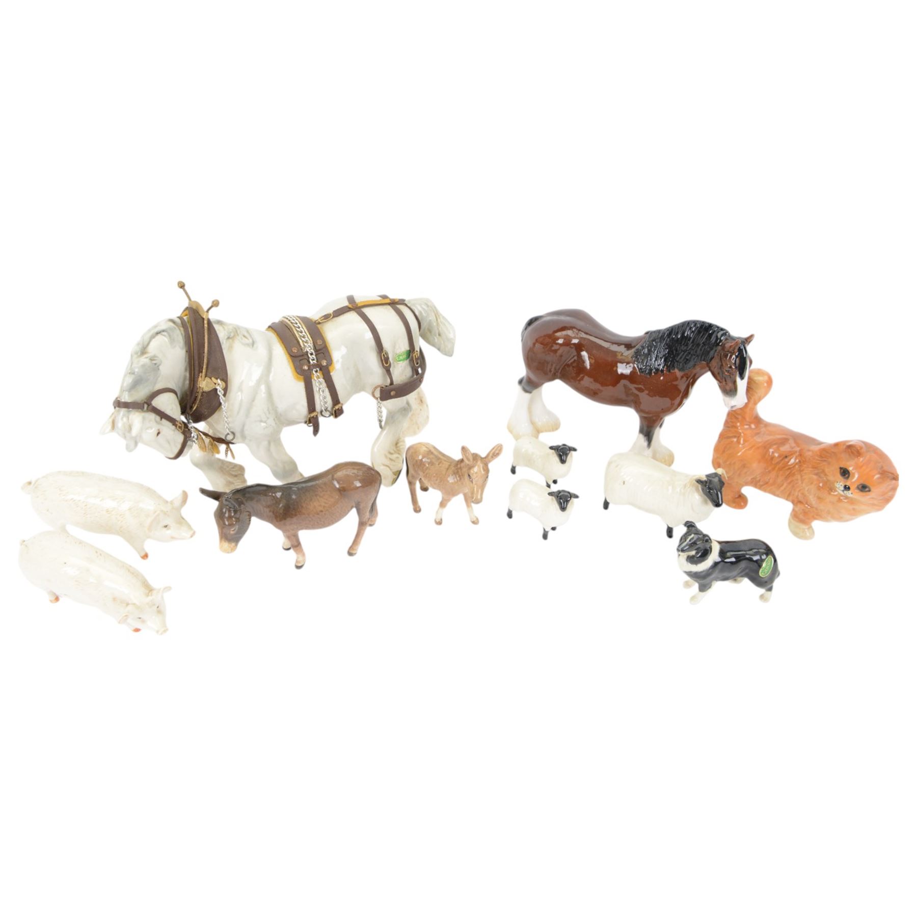 Eleven Beswick figures, including CH Champion Wall bore, CH Champion Wall sow, grey Shire horse with harness 2578, ginger Persian cat 1898, sheep family etc 