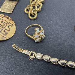 Gold jewellery, including 9ct gold bracelet and single hoop earring, Omega Deville watch face, two silver gilt rings, a collection of costume jewellery and other collectables
