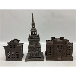 Five early 20th century cast-iron money banks as buildings - 'City Bank' c1904 H10cm; 'County Bank' c1905 H11cm; 'Town Hall Bank' c1900 H8.5cm; 'Tower Bank' c1902 H23.5cm; all made by John Harper; and 'Blackpool Tower Bank' c1907 by Chamberlain & Hill H18.5cm (5)