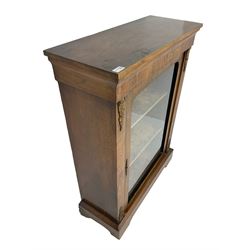 Victorian inlaid walnut pier cabinet, rectangular top over cavetto frieze inlaid with geometric foliate design, single glazed door enclosing shelves, inlaid uprights with matching designs and gilt metal floral and swag mounts, on chamfered plinth base