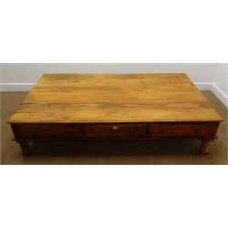  Large Indian rosewood rectangular coffee table, six drawers, turned supports, W101cm, H40cm, D181cm  
