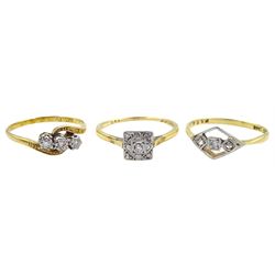 Three early 20th century diamond stone set rings, all stamped 18ct Plat