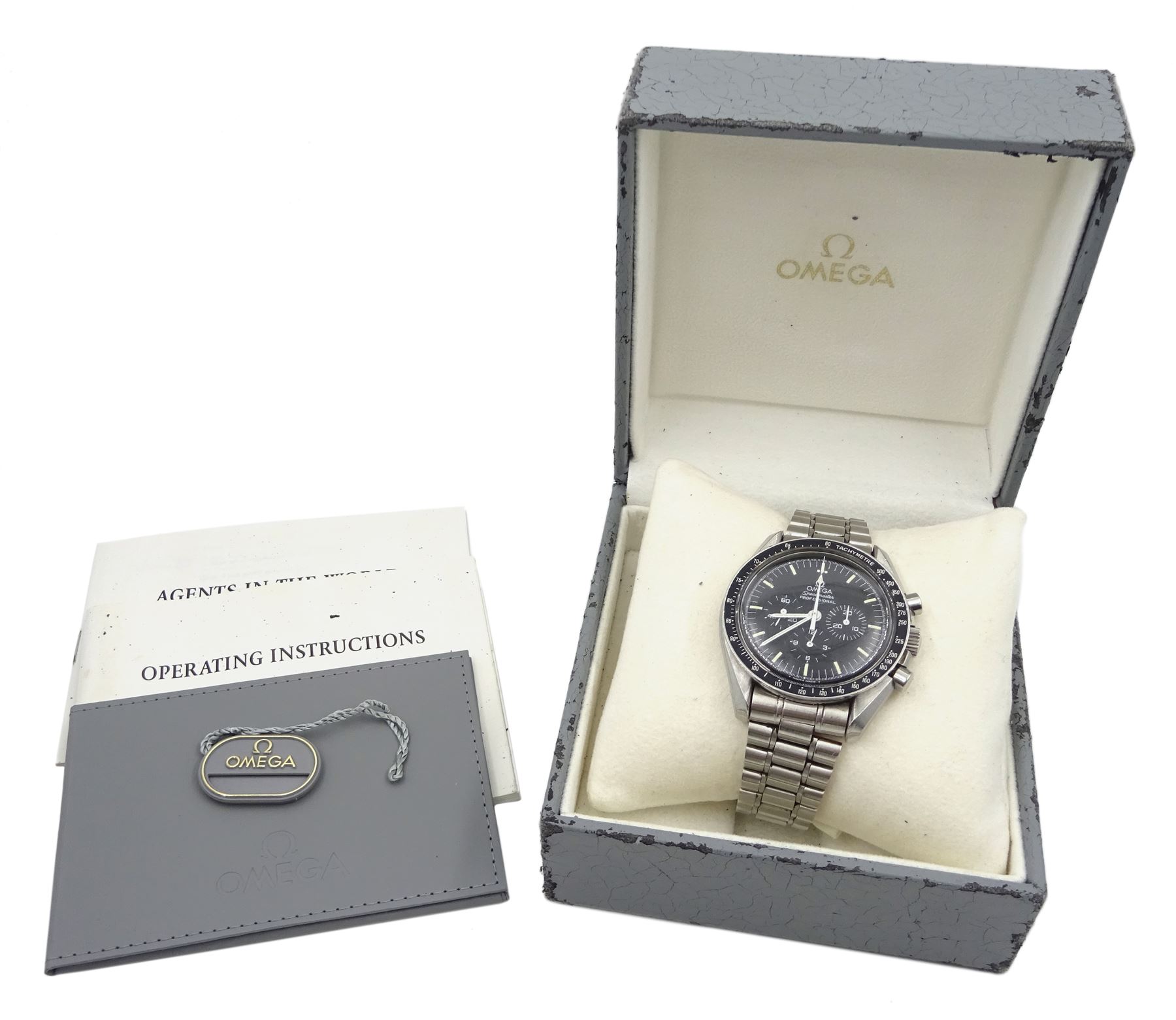Omega Speedmaster 'Moon Watch' chronograph wristwatch, Ref. 3590.50.00, Cal. 861, serial No. 48302109, on original strap, boxed with papers, tag, warranty card dated '94 and additional links
