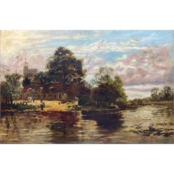 M Perrin (British 19th/20th century): Cottage and Church by River with Barge, oil on canvas signed and dated 1905, 60cm x 90cm