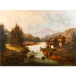 Continental School (19th century): German Alpine River Landscape, large oil on canvas in m...