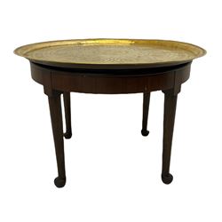 Victorian walnut occasional table with rectangular top (63cm x 47cm, H66cm), 20th century circular occasional table, circular brass tray with embossed decoration, small inlaid occasional work table with fitted interior, and a 20th century barley twist occasional table (4)