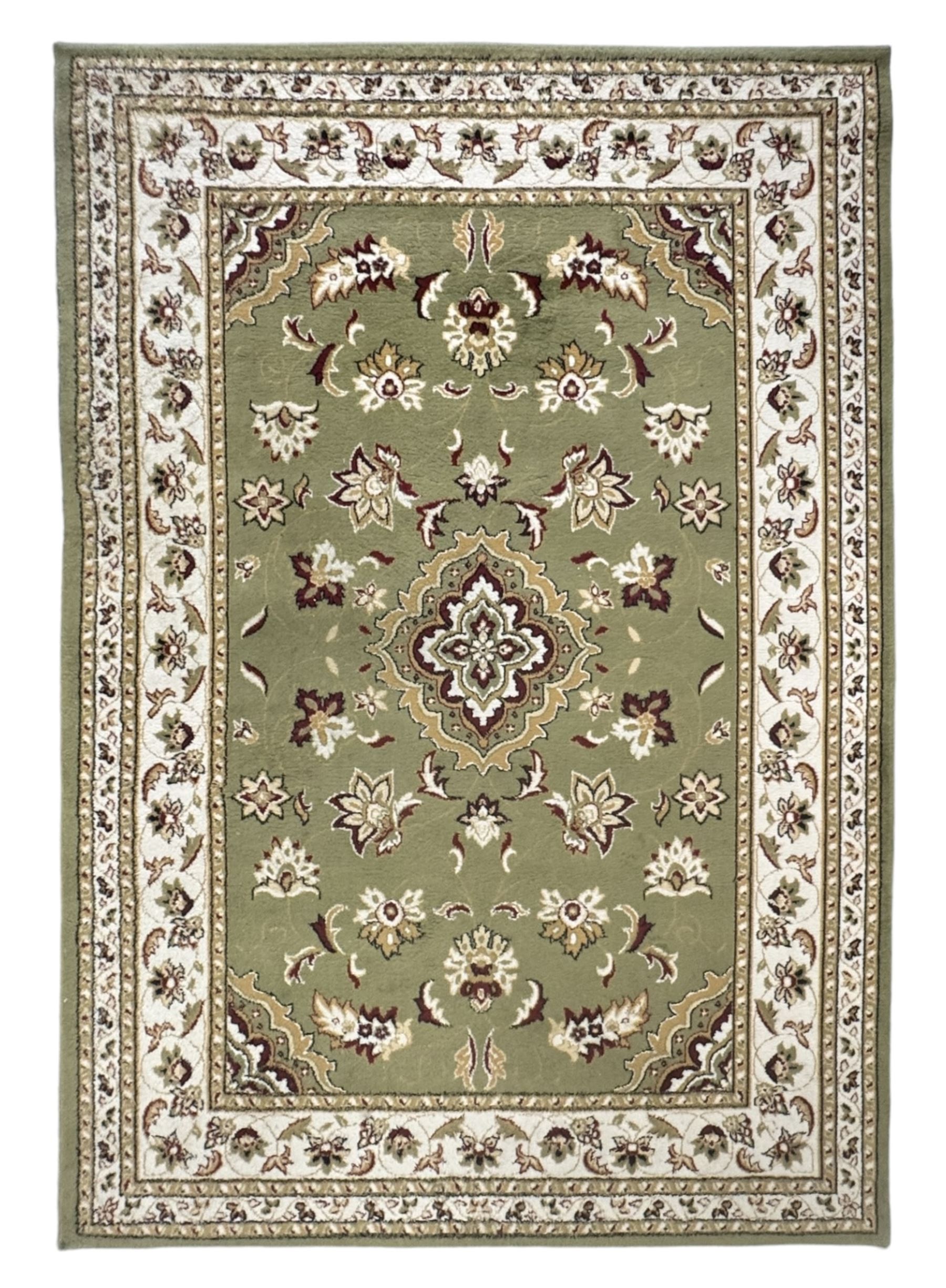 Turkish Sincerity Royale green ground rug, the field decorated with a central floral medallion surrounded by scrolling floral motifs in shades of cream, beige, and burgundy, spandrels filled with matching floral designs, the border featuring a series of floral patterns on a cream ground, finished with green edges