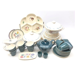  Poole pottery two-tone tea set in teal and cream, Poole sectioned dish and three similar pin dishes and a Shelley dinner service comprising six dinner plates, six side plate, six tea plates, sauce boat and saucer and two tureens  