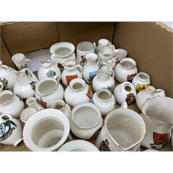 Collection of W H Goss crested ware, to include Yorkshire Roman Ewer, Scarborough ancient jug, salt and pepper shakers, Norwegian horse shaped beer bowl, The Old Horse Shoe, etc, together with five Shelley examples modelled as piano, boat, heart shaped box, etc, in two boxes 