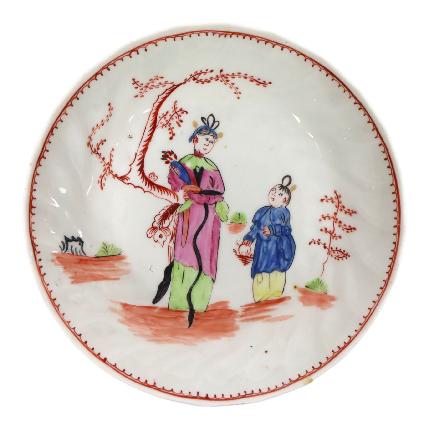 Late 18th century Chamberlain's Worcester teabowl and saucer, of wrythen form, decorated with Chinese figures in a garden, teabowl H5.5cm D8.5cm, saucer D14cm