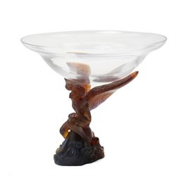 Daum 'Kneeling Angel', glass bowl held aloft by a pate de verre figure, incised Daum France, boxed, H28cm 