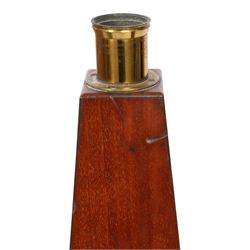 19th century single draw wooden telescope with brass mounts on a wooden stand, together with a mahogany and brass conical daylight enlarger and a B.I.T brass lens