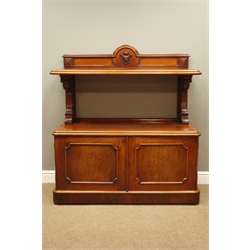  Victorian mahogany buffet sideboard, raised back above top tier with mounted crest, carved scrolled supports, double cupboard, plinth base, W120cm, H131cm, D52cm  
