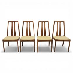 Nathan - teak drop leaf dining table and four Nathan dining chairs, the rectangular top with rounded corners fitted with twin hinged drop leaves and gate legs, extended to form an oval table 174cm in length, raised on square section supports united by stretchers, the chairs with teak frames and padded beige upholstered seat (H 96cm, W 48cm)