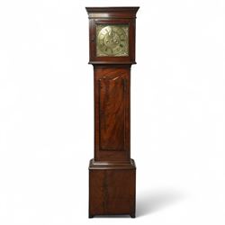 Late 18th century-8-day mahogany longcase clock with a flat top and dentil moulded cornice...