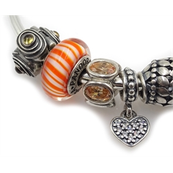 Silver Pandora charm bangle and charm bracelet, each with nine Pandora charms, all stamped S925 ALE   