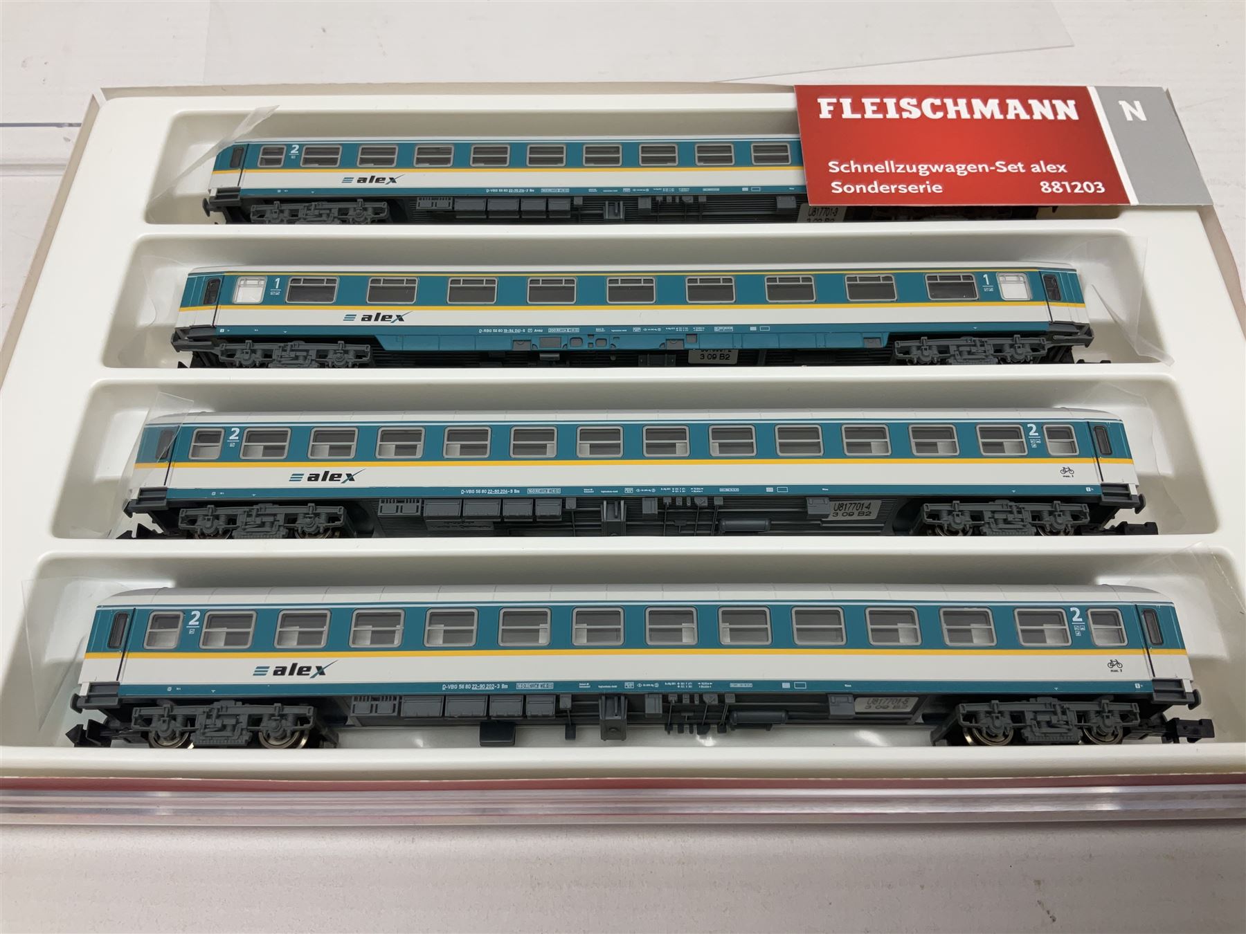 Fleischmann 'N' gauge - No.881203 Schnellzugwagen-Set alex Sonderserie; another Alex restaurant car with pantograph over No.816202; and three other passenger coaches/restaurant car Nos.7444K, 860601 & 860701; all boxed (5)