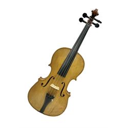 Copy of a full size Stradivarius violin, with an ebonised fingerboard, tailpiece and tuning pegs Length 60cm
