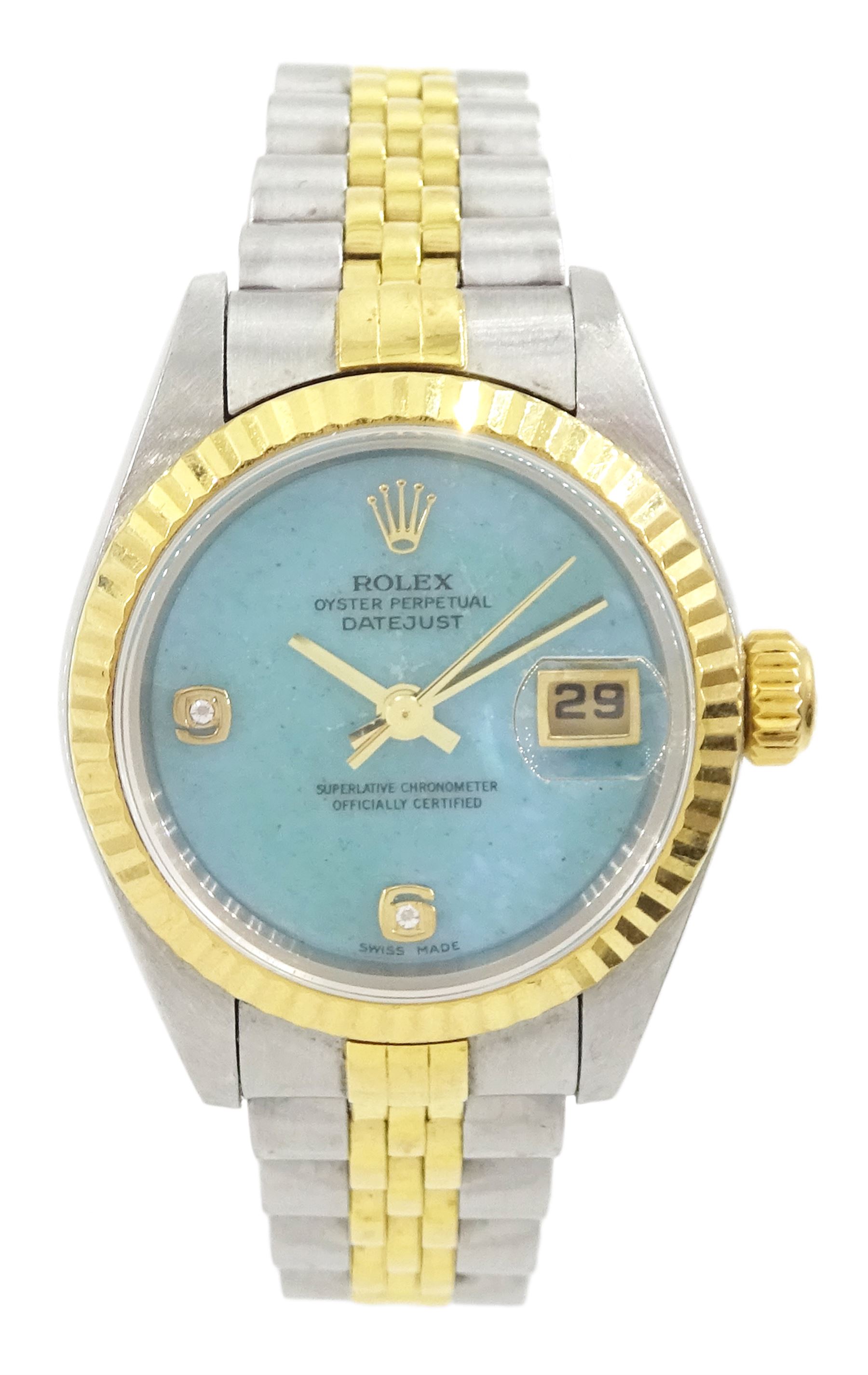Rolex Oyster Perpetual DateJust ladies stainless steel and gold automatic wristwatch, circa 1999, Ref. 79173, serial No. A854711, blue jadeite dial with diamond dot hour markers at 6 and 9 o'clock, on Rolex Jubilee stainless steel and gold bracelet, with fold-over clasp, boxed with papers and additional links