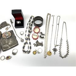 Collection of silver including necklaces, chains, rings, some stone set, cigarette case , hallmarked or stamped and costume jewellery