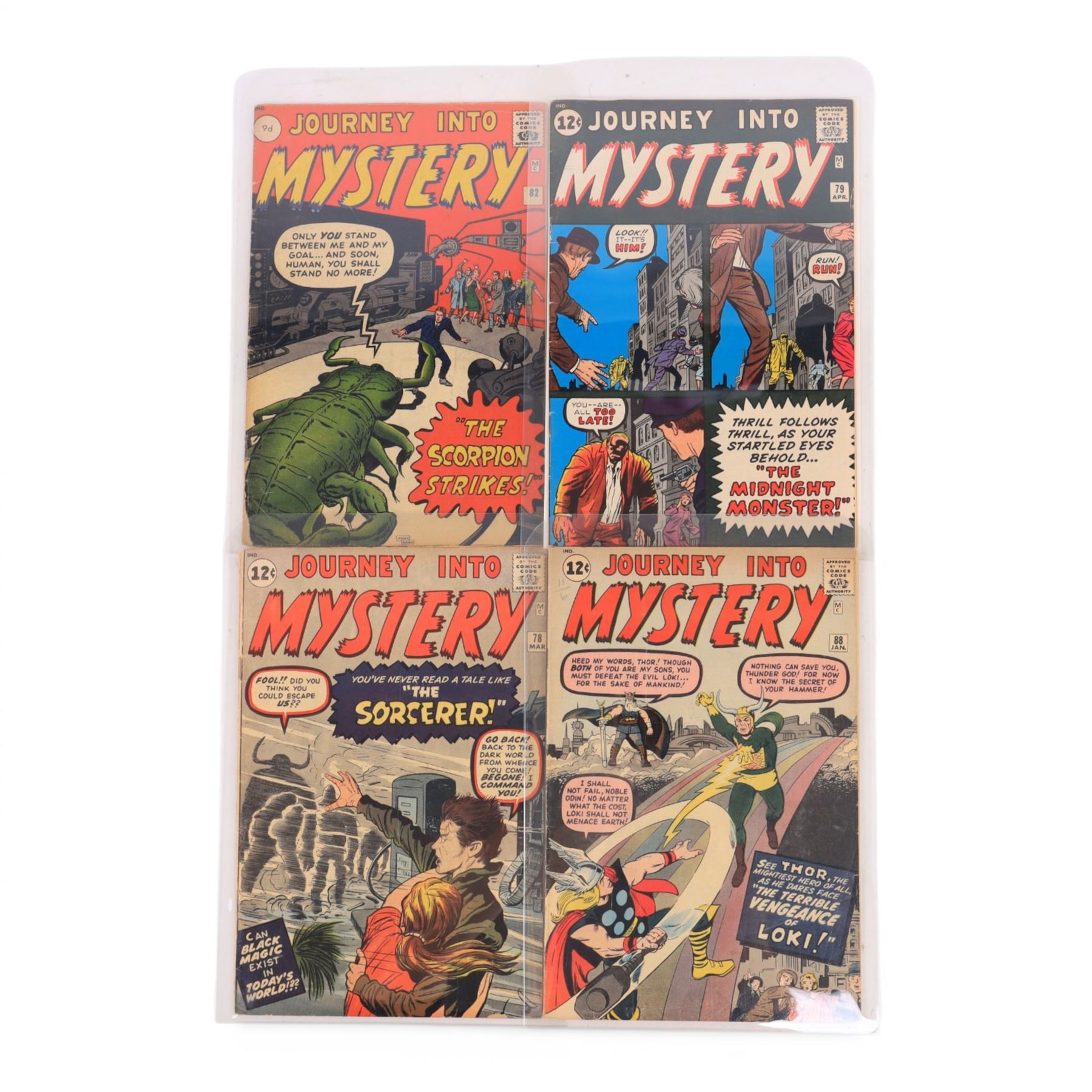Eight Atlas/Marvel Silver Age 'Journey Into Mystery' comic books, spanning years 1957-1963, comprising issues #42, #56, #60, #68, #78, #79, #82 and #88