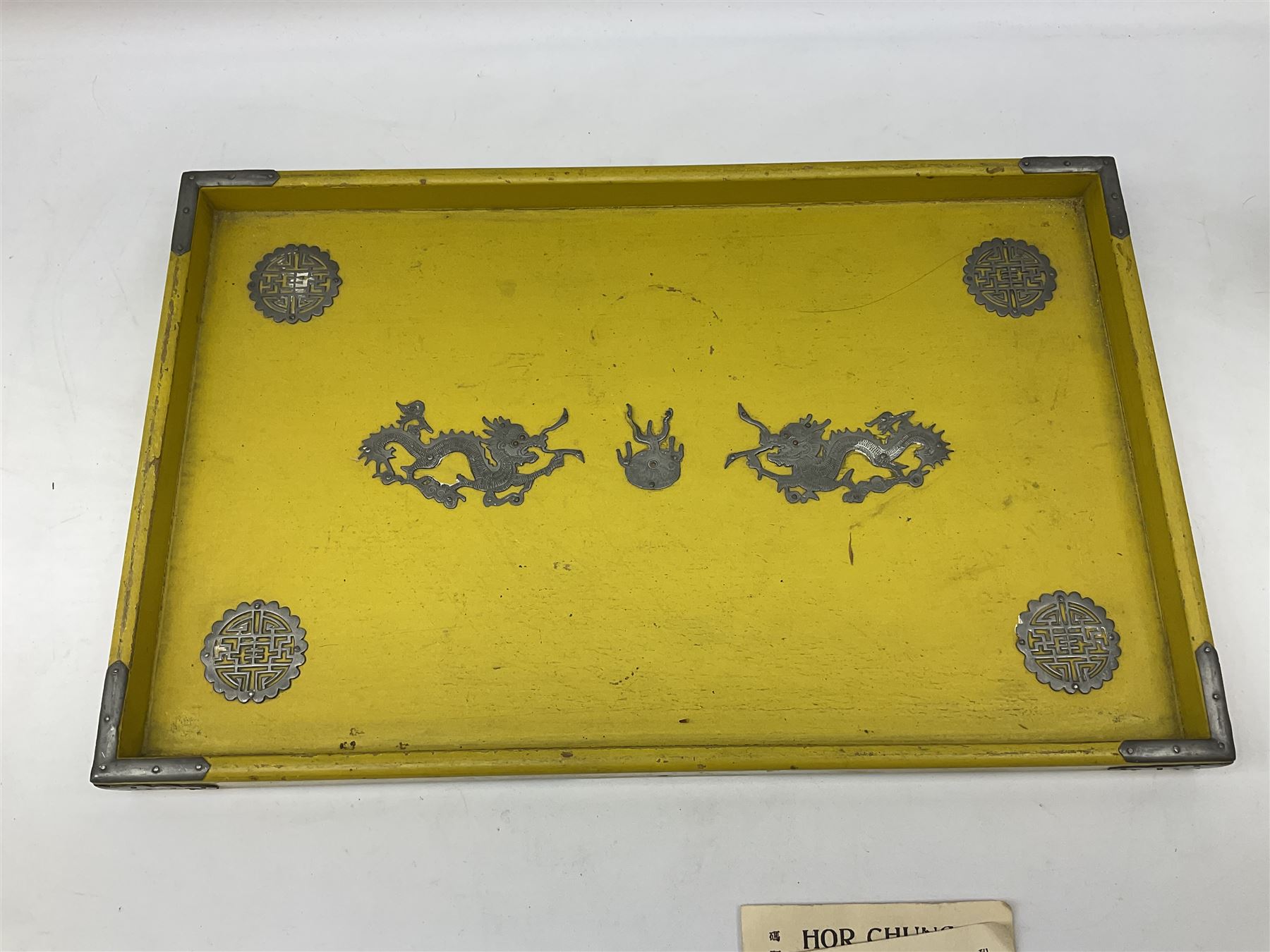 Chinese Hor Chung Wei Hai Wei tea set five pieces, bound by figurative pewter upon a decoration tray