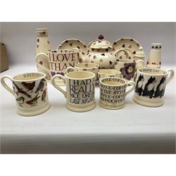 Collection of Emma Bridgewater spongeware ceramics, to include Pink Hearts pattern teapot, milk bottle vase, teacup and saucers, Love & Kisses sugar shaker and large 'I love you more than Marlon Brando' mug, British Birds and Black and White pattern mugs, etc, all with printed marks beneath, tallest H21.5cm