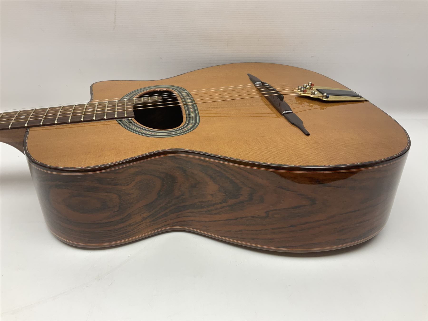 Spanish Gitano Manuel Rodriguez EMC1 Maccaferri acoustic guitar, c2000, the cedar top with D-hole, L98cm overall; in lightweight hard carrying case.