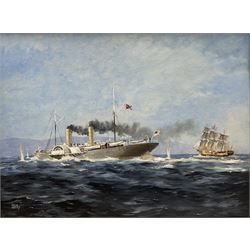 Colin Verity (British 1924-2011): American War Interest 'The Blockade Runner' - the Confederate Paddle Steamer 'Colonel Lamb' running the gauntlet, oil on board signed, titled verso 44cm x 59cm