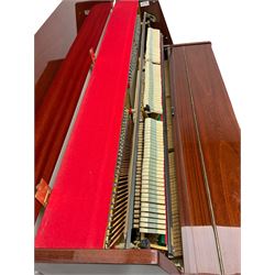 Steinmayer upright series 108 piano in sapele mahogany case, with an overstrung Iron frame and underdamper action, sustain, sostenuto and practise pedal, full compass seven octave 88 note keyboard serial Number 97050003 