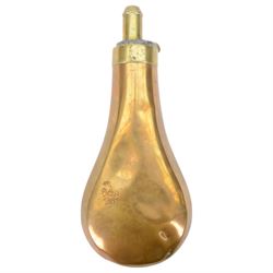 Copper gun powder flask, marked 'James Dixon & Sons' decorated in relief with hunter with pointer, L20cm