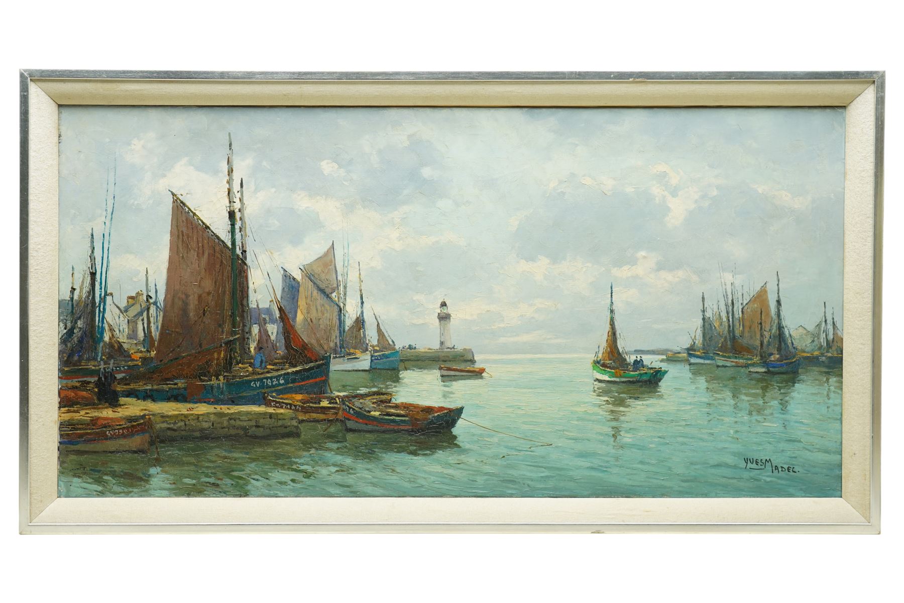 Yves Madec (Continental 20th century): Fishing Boats Moored in Harbour, oil on canvas signed 50cm x 99cm
