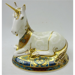  Royal Crown Derby paperweight, 'unicorn', No. 1026/2000, boxed, with gold stopper  