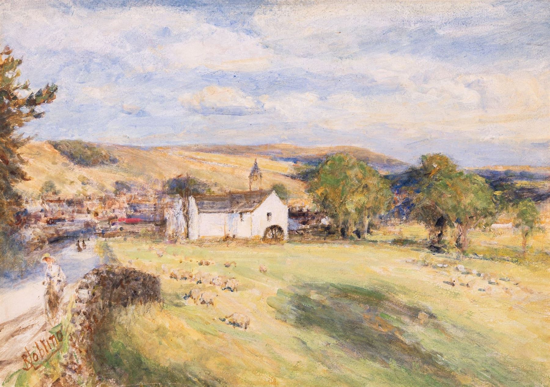 Robert Jobling (Staithes Group 1841-1923): Shepherdess and her Flock by a Watermill, watercolour signed 27cm x 39cm (unframed)