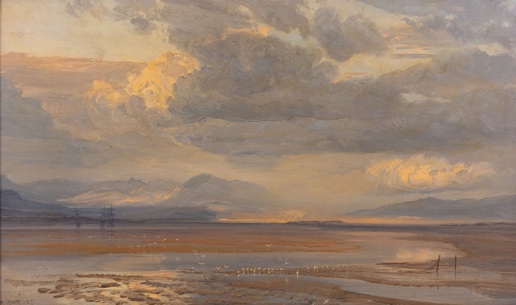Henry Moore RA RWS (British 1831-1895): 'The Estuary of the Duddon', oil on canvas signed and dated 1871, original title label verso 30cm x 50cm