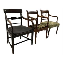 Three 19th century mahogany elbow chairs - including one late Regency example with figured cresting rail over sweeping moulded arms, on turned and reeded supports 